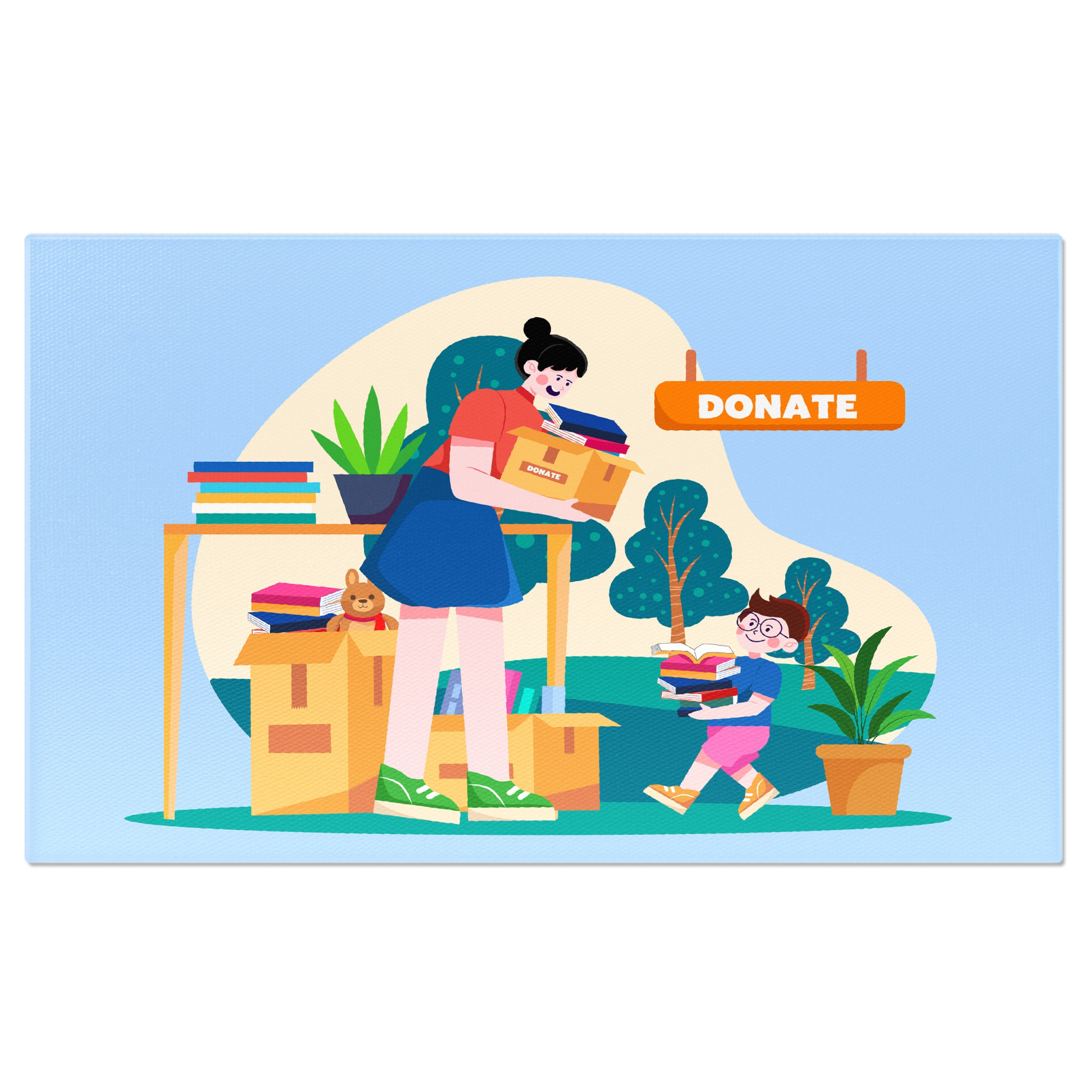 Tablou Canvas Copilul Mic cu Ochelari si Pantaloni Roz aduce Carti pentru Activitatea de Donare a Fetei 40x25CM