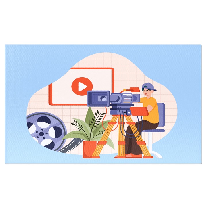 Tablou Canvas Dedicat pentru Aparatele Foto de Filmat si Poze Baiat cu Sapca in Tricou Galben pe Scaun 120x80CM