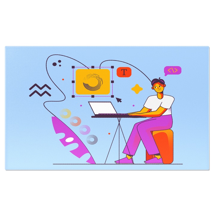 Tablou Canvas Laptop-ul Alb la care Lucreaza Persoana in Tricou Alb si Pantaloni Mov de pe Scaunul Rosu 40x25CM