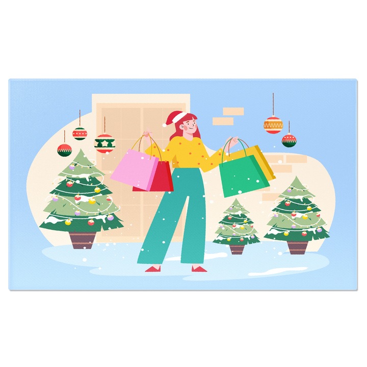 Vászonfestmény karácsonyi vásárlás, piros csuklyás nő és színes ajándéktáskák a hóban 90x60cm