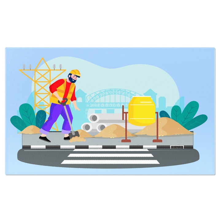 Tablou Canvas Barbatul cu Casca Portocalie si Vesta cu Pantaloni Mov cu o Lopata pune Nisipul in Betoniera 40x25CM