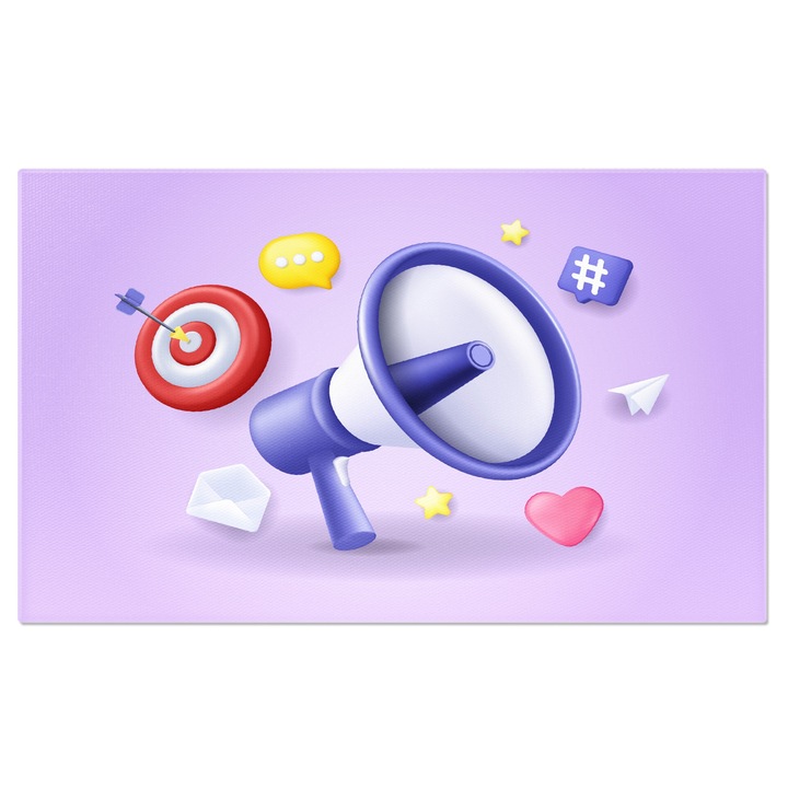 Tablou Canvas Megafon Alb cu Mov si Inimioara Roz langa care sunt si Semnele de Mesaj si Mail cu o Sageata Rosie 40x25CM