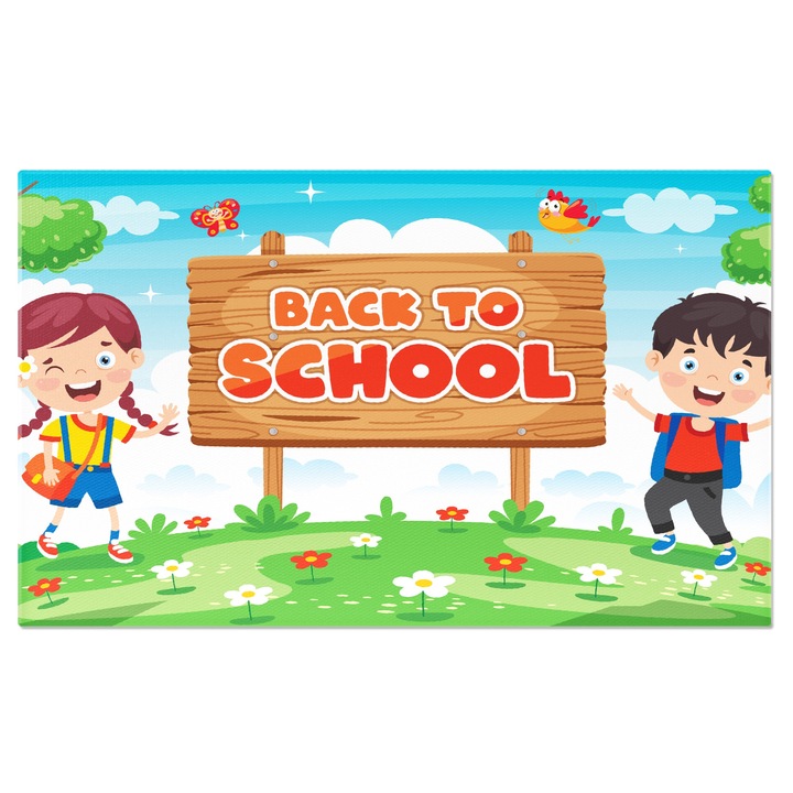 Картина на платно Щастливи деца, готови за училище до знака, който гласи „ОБРАТНО НА УЧИЛИЩЕ“ 140x90CM