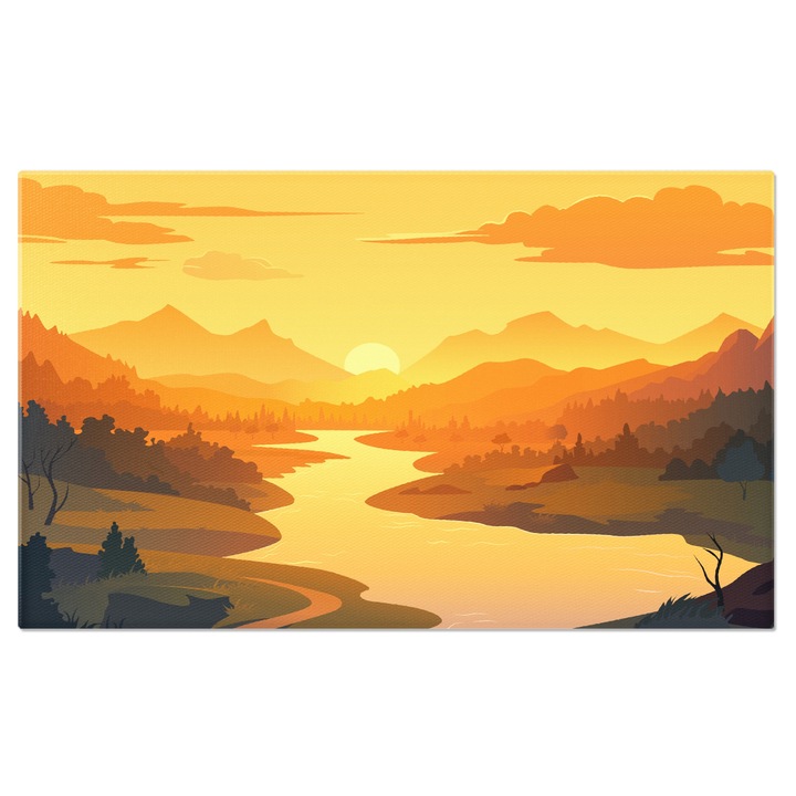 Картина на платно Залязващото слънце, скрито зад планините близо до гора с река в средата и облачно небе 70x50CM