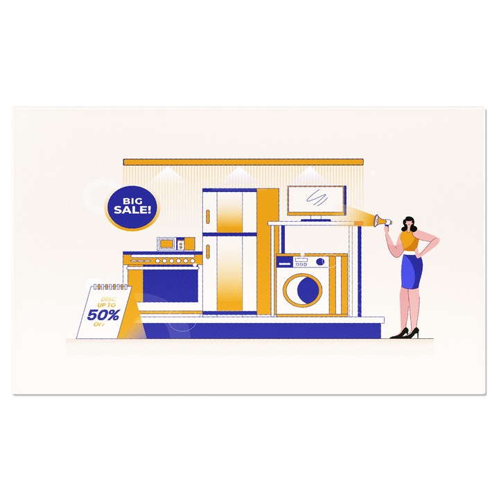 Tablou Canvas Dama Angajata a unui Magazin de Mobila Prezinta o Bucatarie Mobila la Oferta de Culoare Albastra-Portocalie 120x80CM