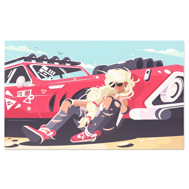 Tablou Canvas Cool Girl cu Parul Lung Blond in Blugi si Adidasi langa Masina de Epoca Rosie cu Abtipilduri 40x25CM