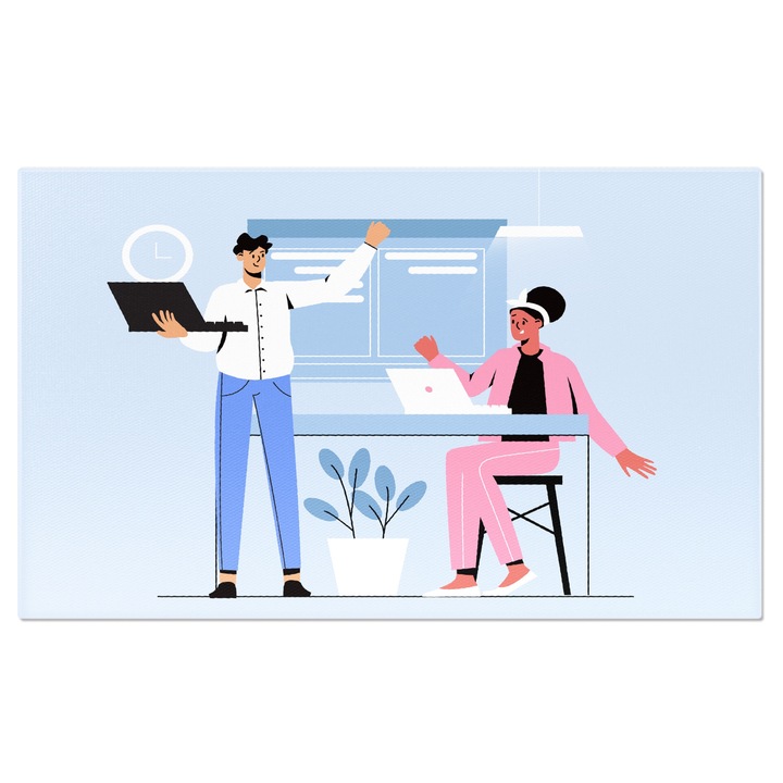 Tablou Canvas Dama Imbracata in Trening Roz cu o Bentita isi Saluta Colegul in Camasa si Pantaloni Albastri 40x25CM