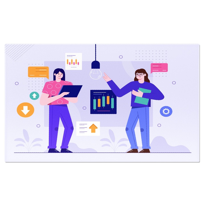 Tablou Canvas Doua Tinere Angajate Imbracate Asortat care Verifica Sarcinile Zilei si Investigheaza Camera 40x25CM