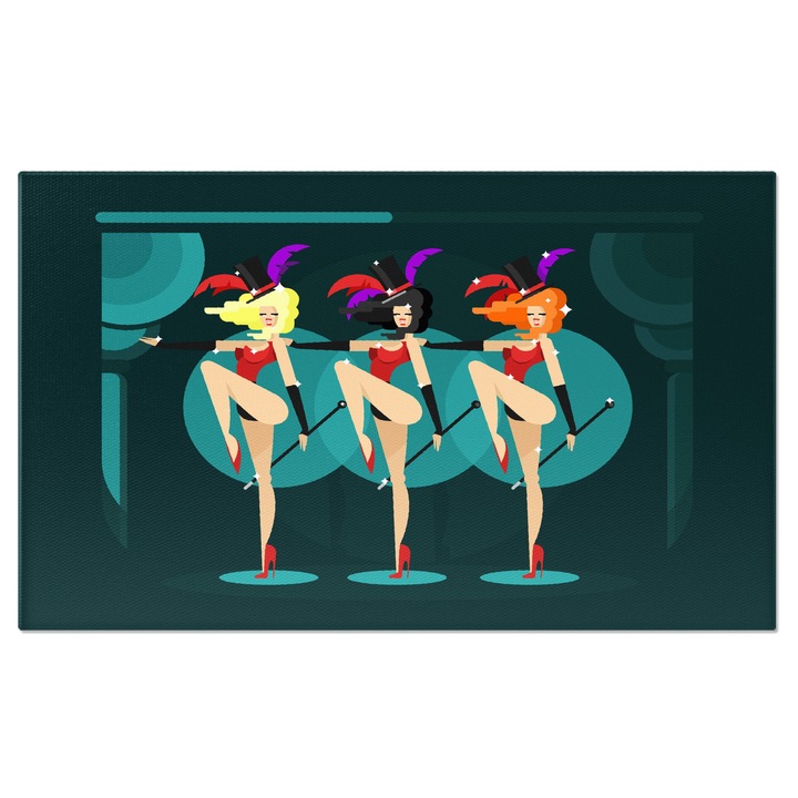 Tablou Canvas Trei Dame: Roscata Blonda si Bruneta in Costume Rosii cu Palarii si Tocuri Danseaza pe Scena 40x25CM