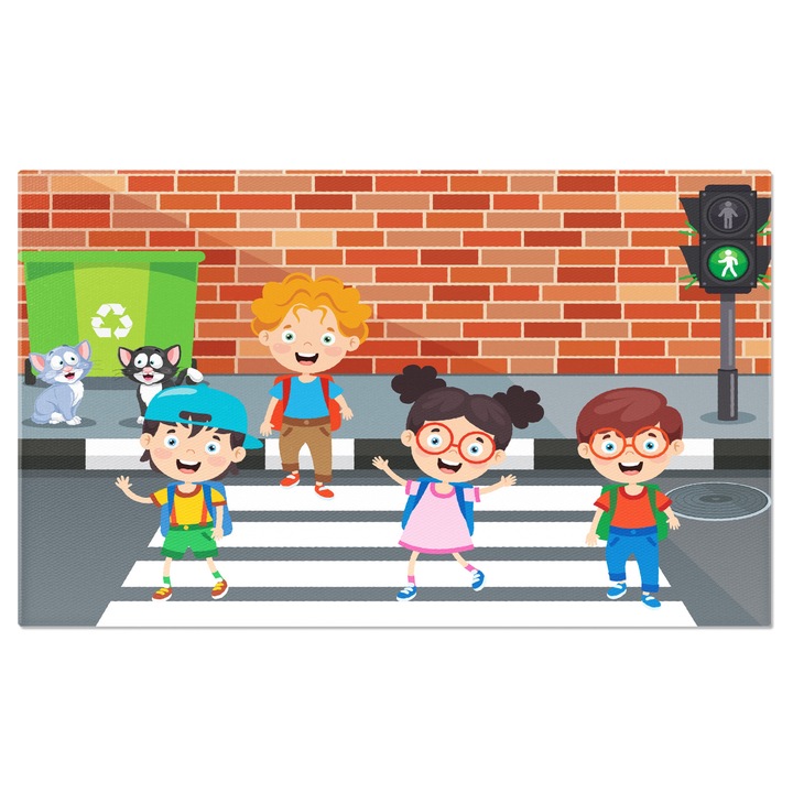 Картина на платно Вървейки по пешеходната пътека, четири деца танцуват на пешеходната пътека, наблюдавани от две котки 100x70CM
