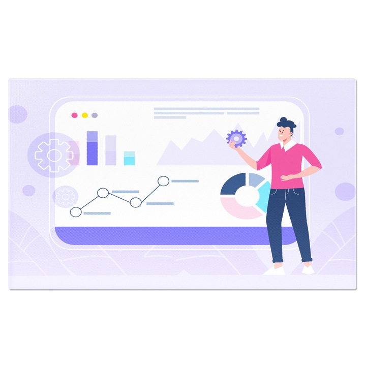 Tablou Canvas Barbat in Pulover Roz cu Guler Alb cu Pantaloni si Adidasi Albi in Fata unui Procentaj Grafic 40x25CM