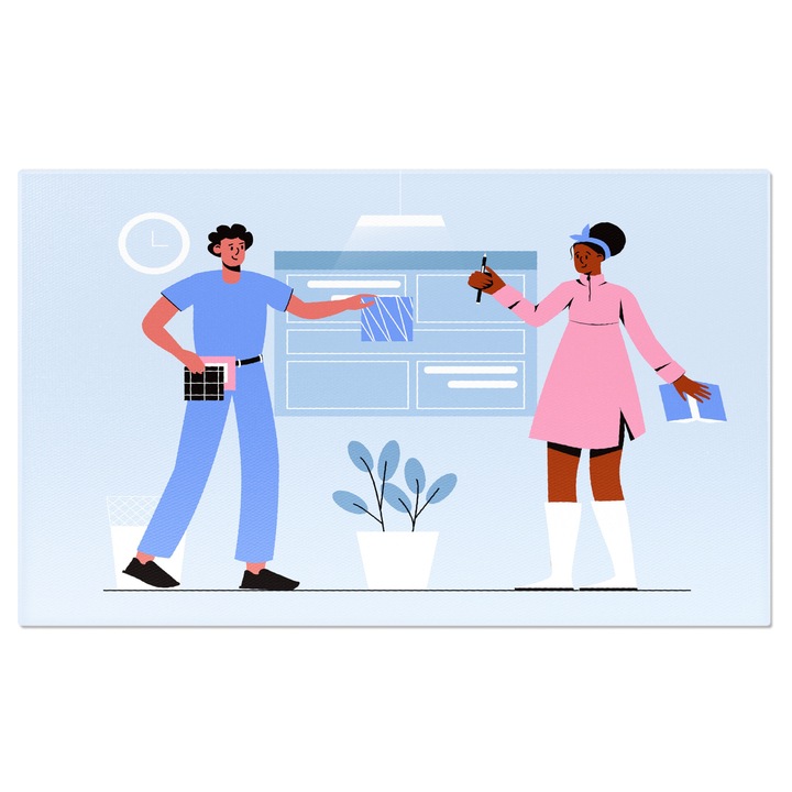 Vászonfestmény Hölgy rózsaszín ruhában, kék fejpánttal, röntgent néz Doktor úrral kékben 120x80cm