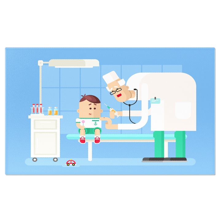 Картина на платно Старият лекар в бяла престилка и зелени панталони дава инжекция в ръката на изплашено дете 70x50CM