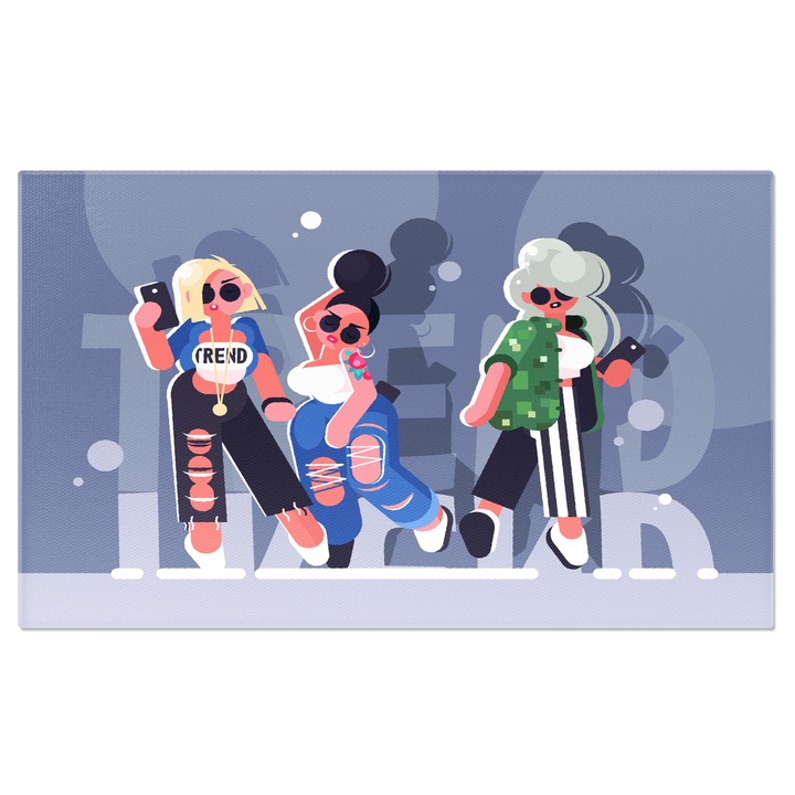 Tablou Canvas Cool Girls Trei Femei Imbracate Modern in Blugi cu Ochelari de Soare si Topuri-Maiou Albe 40x25CM