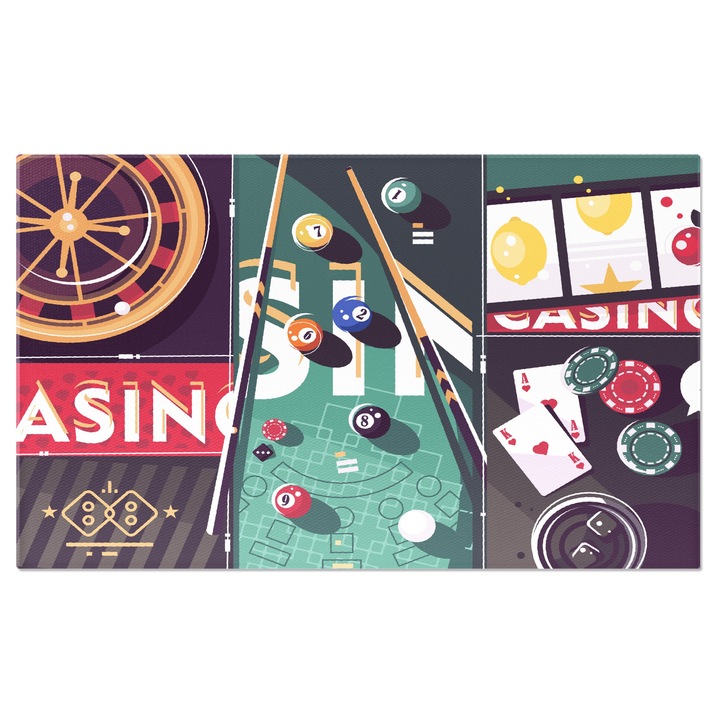 Tablou Canvas Iubitorii de Biliard cu Bile Colorate si Ruleta din Casino langa Slot Machine cu Fructe 40x25CM