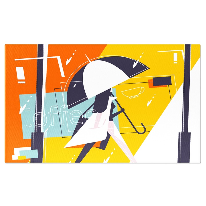 Tablou Canvas Dama cu o Umbrela Alba cu Model Negru Prin Ploaia Torentiala pe o Strada Colorata 40x25CM