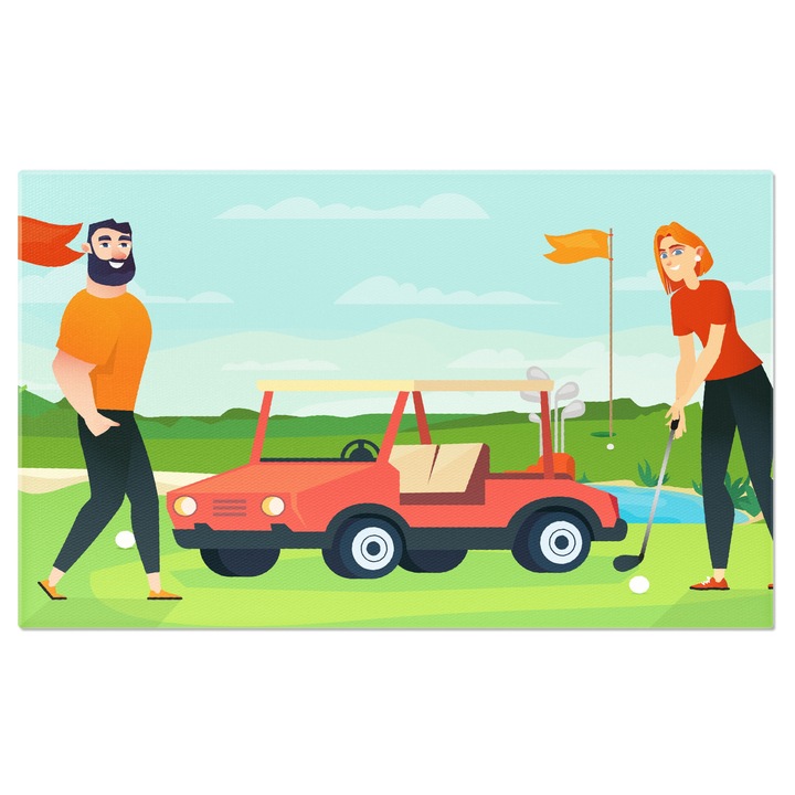 Tablou Canvas Barbat Imbracat in Portocaliu si Femeie in Tricou Joaca Golf cu Masinuta Rosie pe Iarba Verde 100x70CM