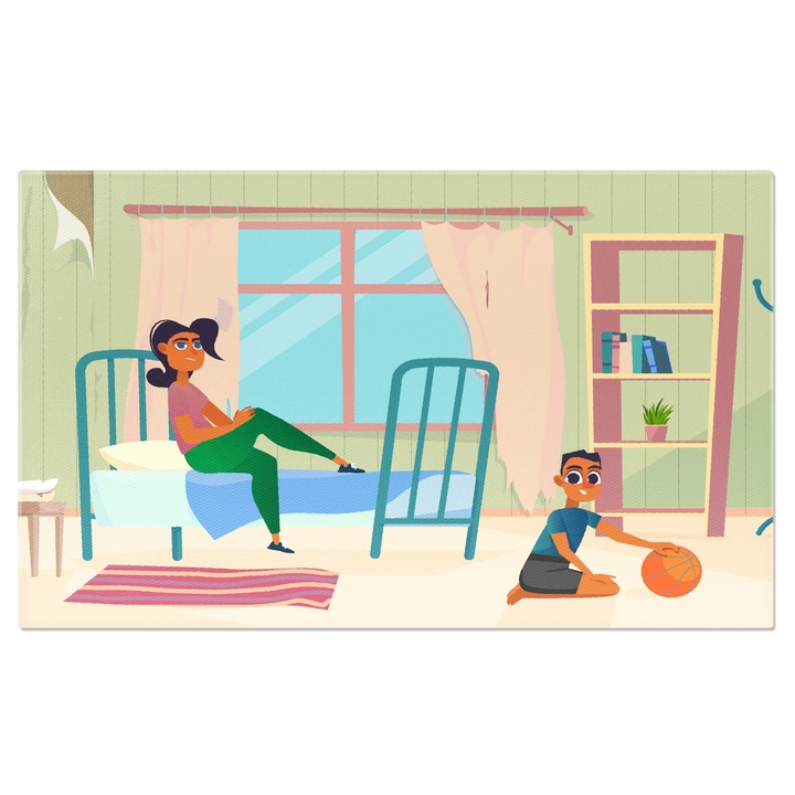 Tablou Canvas Mama care sta Asezata pe Pat in Camera Copilului care se Joaca cu Mingea Portocalie 40x25CM