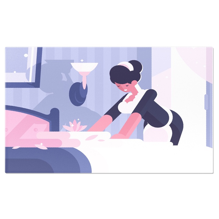 Tablou Canvas Menajera in Costum Negru cu Sort Alb face Curatenie intr-o Camera de Hotel care Luceste 70x50CM