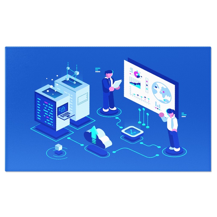 Tablou Canvas Digitalizarea Camerei in care Doi Barbati Imbracati la Costume Creaza Noi Planuri pentru Companie 40x25CM