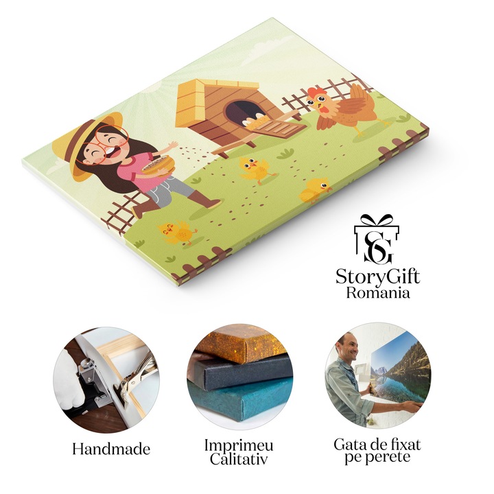 Vászonfestmény A csirkék etetése és a nagy szemű tyúk a szépen elrendezett tollból és egy kiságyból tojással 100x70cm