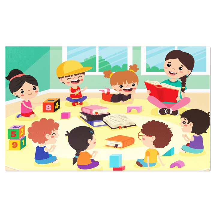 Картина на платно Урок по четене в детската градина с деца, които внимателно слушат историята, прочетена от учители 40x25CM