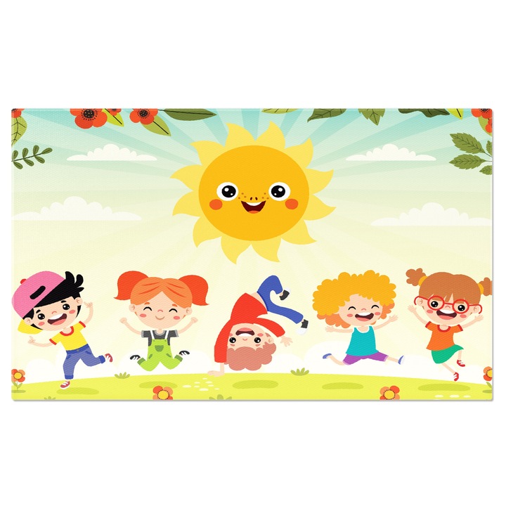 Картина на платно Ярко жълтото слънце с големи очи грее над танцуващи и щастливи деца 70x50CM