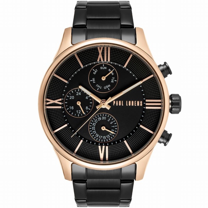 Ceas barbati, Paul Lorens, mecanism quartz, carcasa din otel, bratara ajustabila, culoare cupru, negru, 45x40x12mm