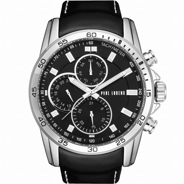 Ceas barbati, Paul Lorens PL9753A8-1A1, quartz, din otel, curea din piele, culoare argintie si neagra, 47x40x13,4mm