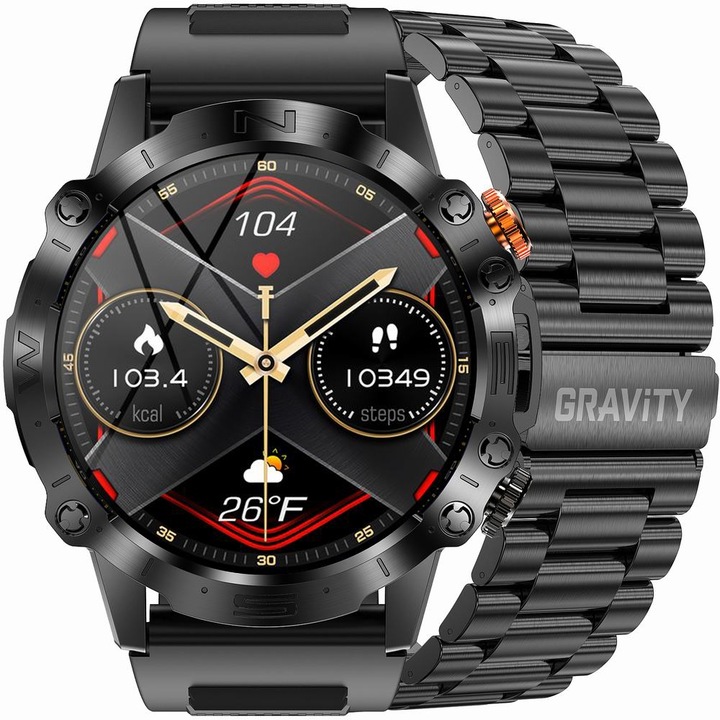 Smartwatch GRAVITY GT20, silicon/inox, AMOLED 1.43 inch, rezistent la apa IP67, negru