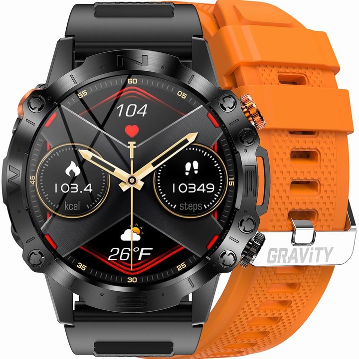 Smartwatch Gravity GT20-3, 1,43 inch AMOLED, 360mAh, negru, cu bratara portocalie