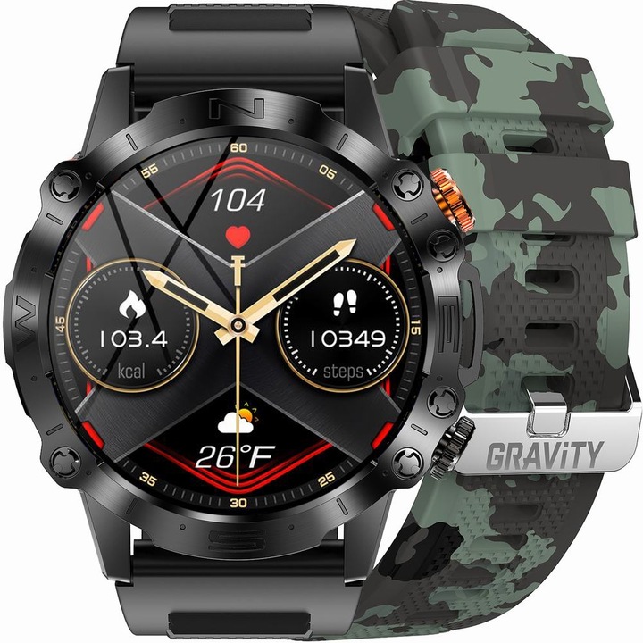 Smartwatch Gravity GT20, 1,43 inch AMOLED, IP67, negru, set cu bratara suplimentara verde camuflaj