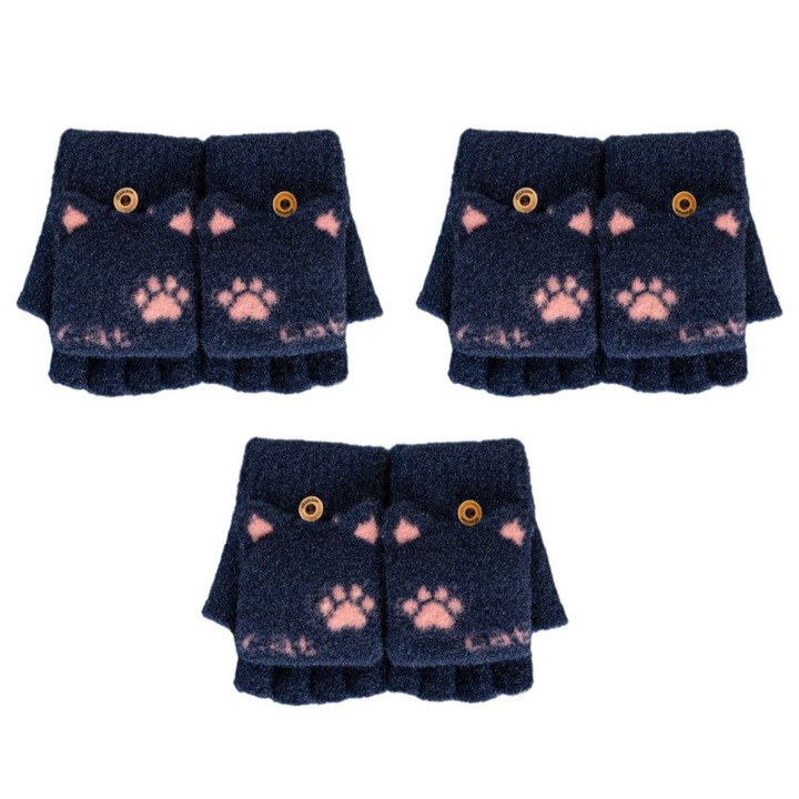 Комплект от 3 чифта дамски ръкавици, QttvbTna, вълна, дизайн без пръсти, тъмносини, 15x7см