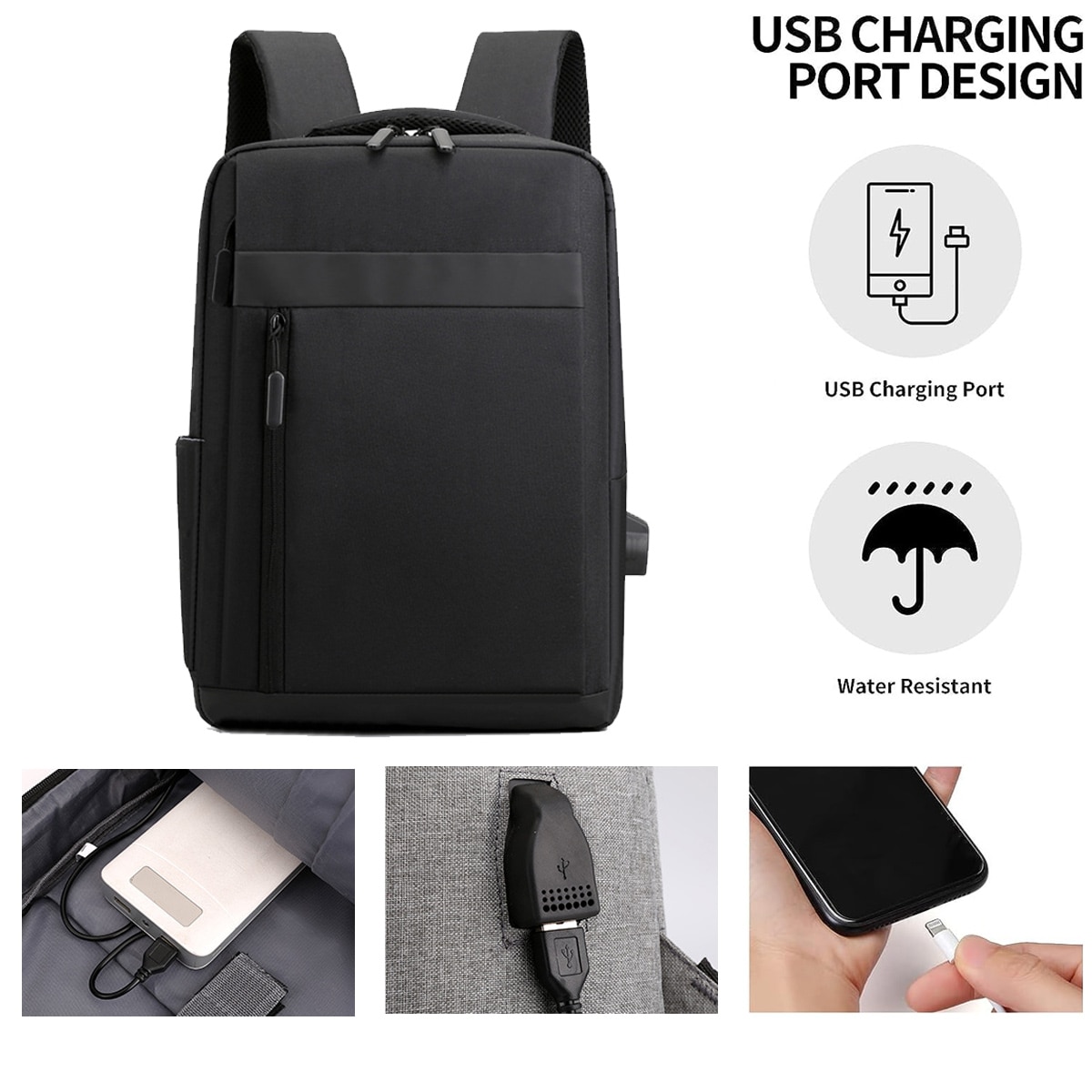 Ghiozdan laptop AMRINUGL, 15.6 inch, negru, cu port USB, 40x30x11cm, 2 buzunare frontale