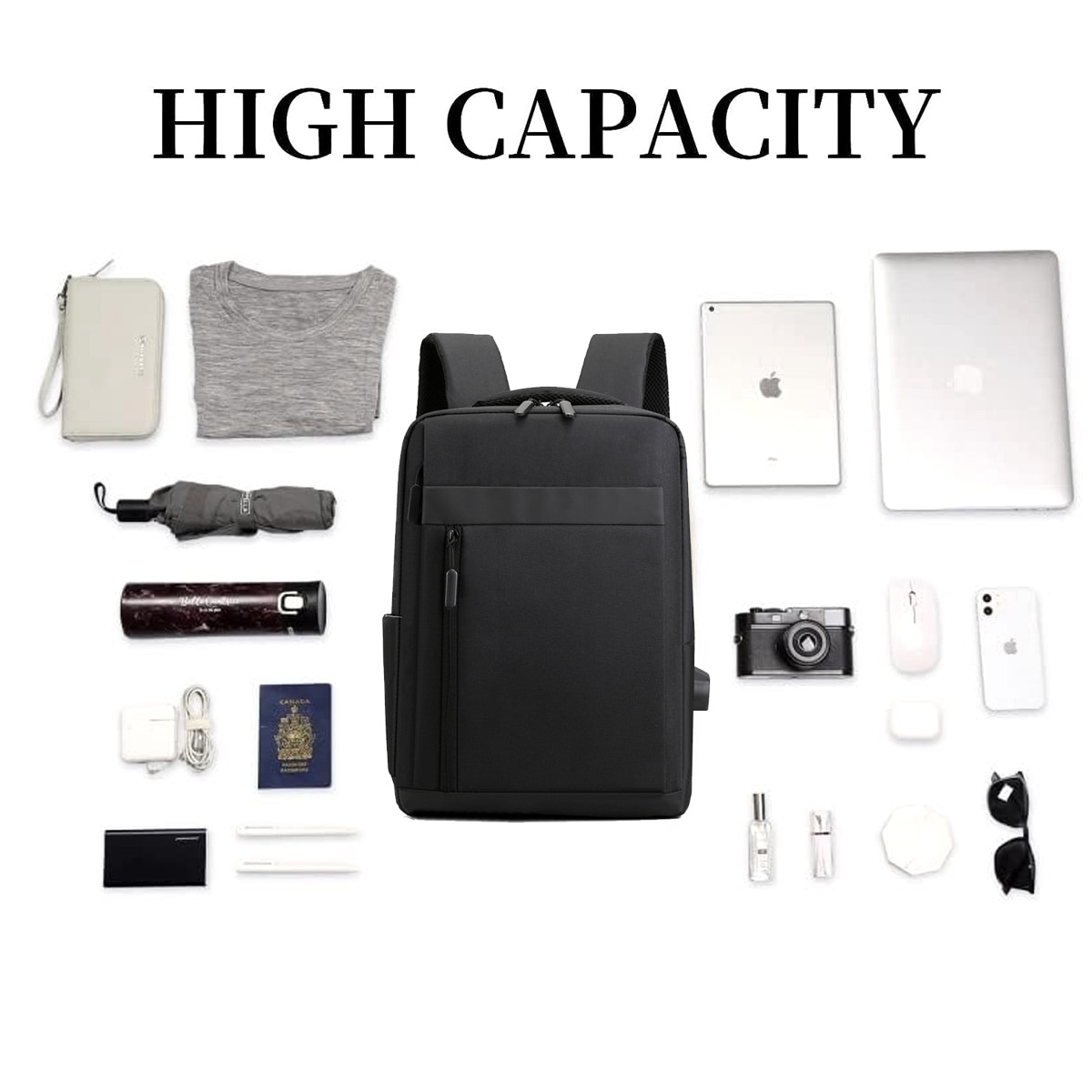 Ghiozdan laptop AMRINUGL, 15.6 inch, negru, cu port USB, 40x30x11cm, 2 buzunare frontale