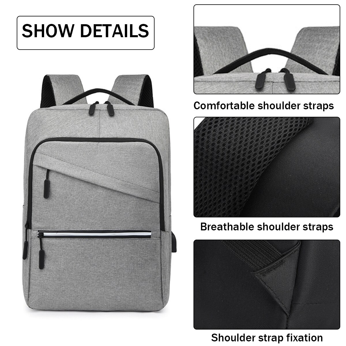 Rucsac pentru laptop din Oxford cu port USB de incarcare, compartiment pentru laptop 15,6 inch, gri, 40 x 14 x 28 cm