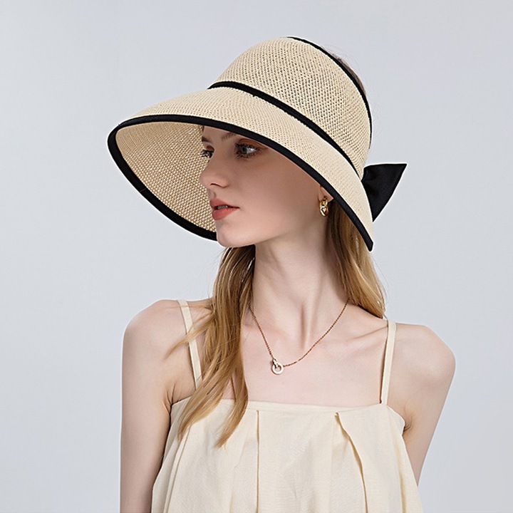 Сгъваема сламена шапка за слънце, слънцезащита, широка периферия, бежова, 56-60 см