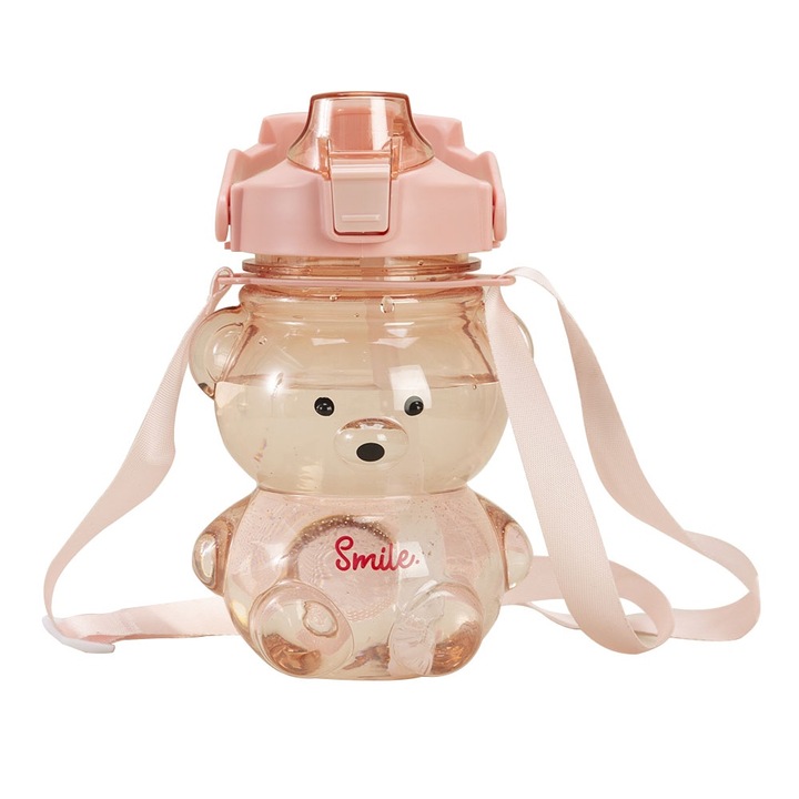 Sticla de apa cu pai, model ursulet, 26x15x15cm, Polipropilena/Policarbonat, 1300ml