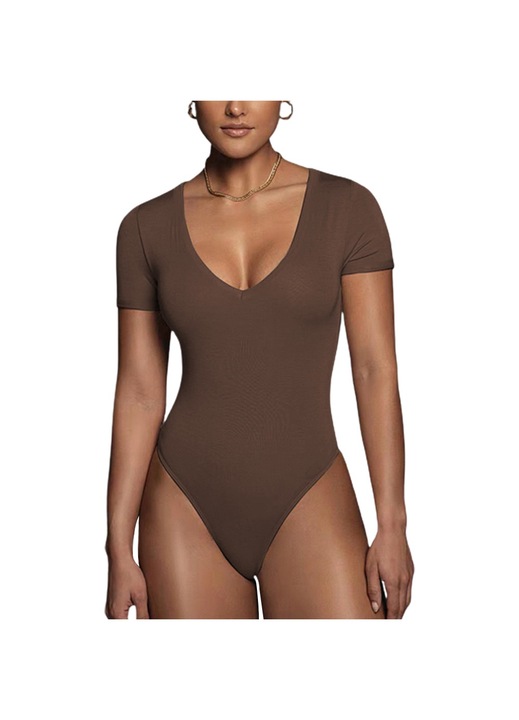Боди V-образно деколте QttvbTna, памук, закопчаване със скоби, кафяво, M