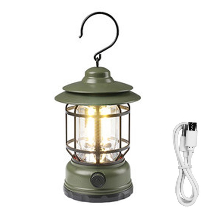 Винтидж LED къмпинг фенер, QttvbTna, акумулаторен, преносим, водоустойчив, 5-8 часа живот на батерията, зелен