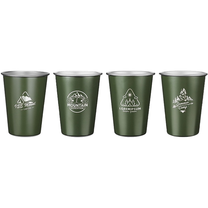 Pohár készlet, rozsdamentes acél, újrafelhasználható, egymásra rakható, zöld/ezüst, tárolófedéllel, 4 db-os