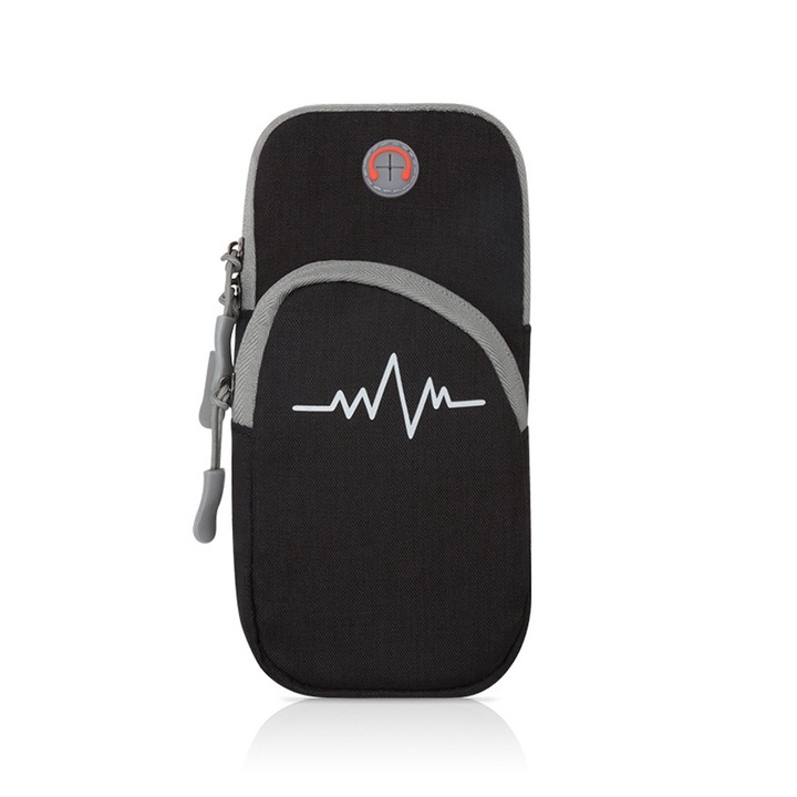 Sporttáska karhoz, fekete, zsebekkel és fejhallgató lyukkal, légáteresztő anyagú, állítható