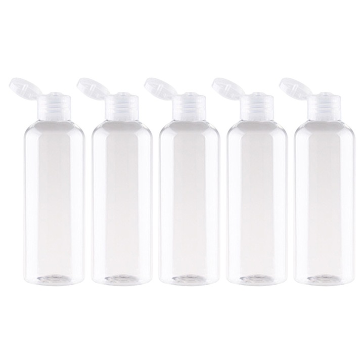 5 db QttvbTna palack készlet, 100 ml, újrahasznosítható műanyag, csuklós fedél, átlátszó, 39x120 mm