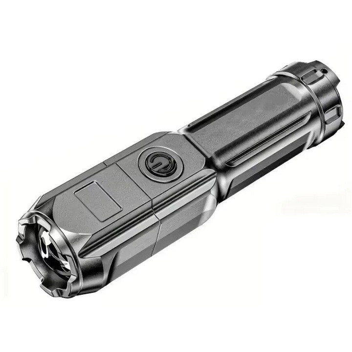 Мощно фенерче с мащабиране, преносимо, многофункционално, USB акумулатор, 3 режима на осветяване, много тъмно сиво