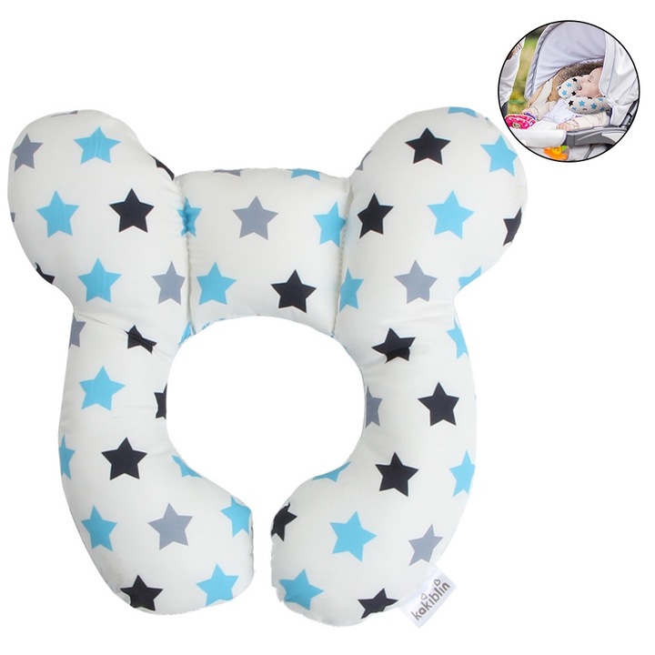 Perna pentru copii, suport cap si gat, alb/albastru, 25x23cm