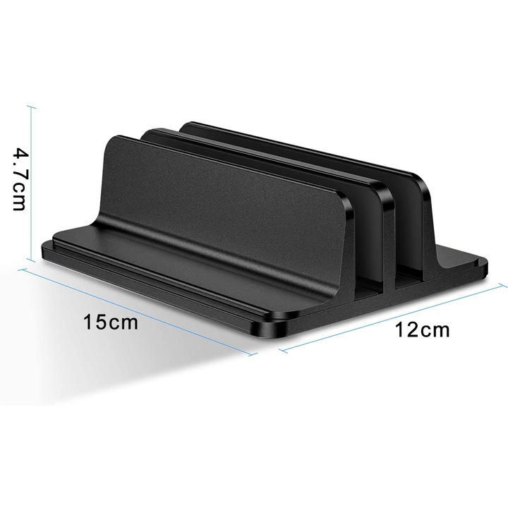 Stand vertical pentru laptop, ajustabil, 2 compartimente, aluminiu/silicon, negru, 12x15x4.7cm