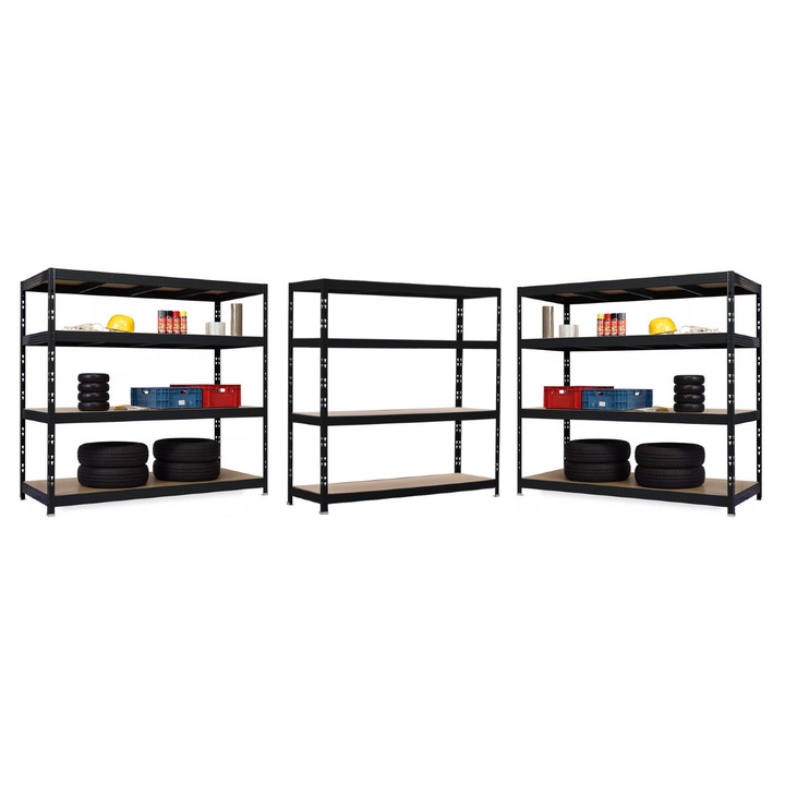 Set 3 Rafturi Metalice pentru depozitare cu 4 polite, Handlekraft®180x120x50 cm, 450kg/polita, asamblare prin clipsare, Neagru/Otel