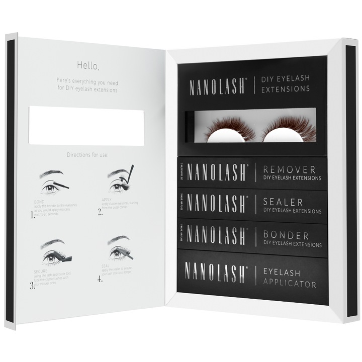 Kit complet pentru aplicarea gene false maro in cluster acasa, Nanolash, FANTASY, 36 gene, bonder, sealer, remover, aplicator