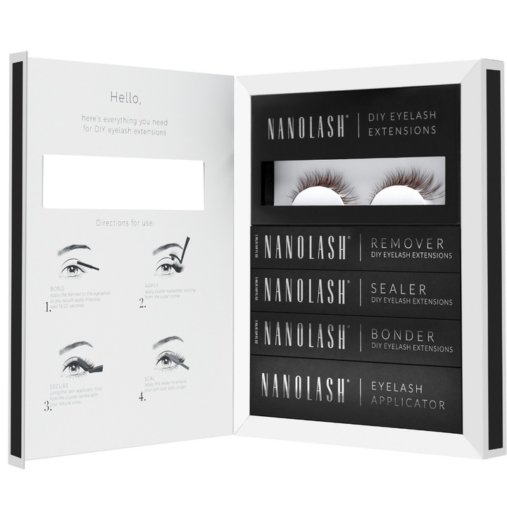 Kit complet pentru aplicarea gene false maro in cluster acasa, Nanolash, CLASSY, 36 gene, bonder, sealer, remover, aplicator