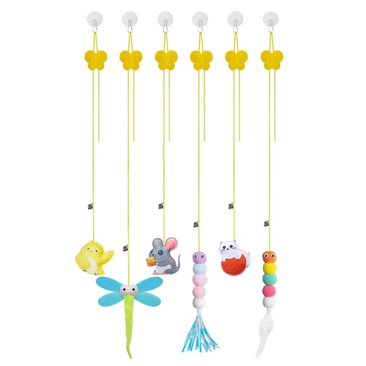 Set 6 Jucarii pentru pisici agatate, lasesasies®, Teaser retractabil, Interactiv cu pene, Multicolor